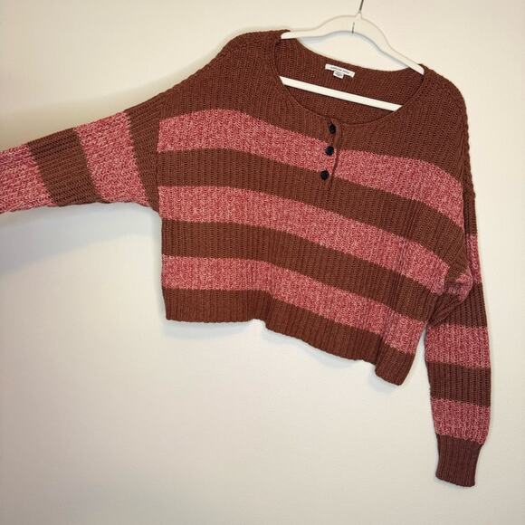 American Eagle Retro Brown and Pink Striped Henley Sweater Sz S Boxy Cropped - Picture 3 of 8